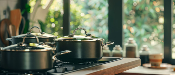 Obraz premium A cozy kitchen scene showcasing pots on a stove with sunlight streaming through the windows, creating a serene and inviting atmosphere.