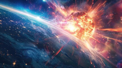 Fototapeta premium Explosive collision of celestial bodies in space with bright fiery bursts and cosmic elements. Amazing astronomical event and stellar impact.