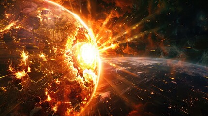 Obraz premium Epic space scene depicting a fiery cosmic explosion near a planet, radiating bright orange and yellow flares against a dark space backdrop.