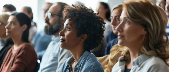 Obraz premium A diverse audience attentively listens during a conference, with expressions of interest and engagement captured.