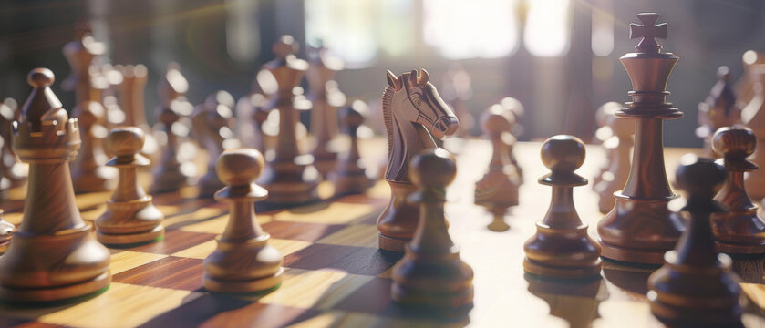 A well-lit room with a chessboard set up for a game, where light enhances the wooden chess pieces, creating a strategic and thoughtful atmosphere.
