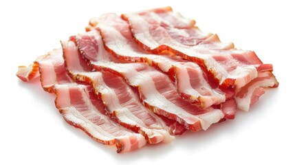 Obraz premium Fresh crispy bacon strips arranged in a pile, isolated on a white background. Perfect for breakfast and culinary presentations.