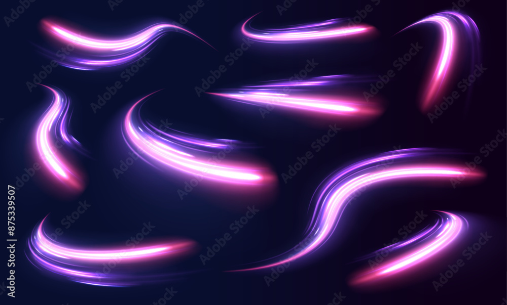 Fototapete Lines in the shape of a comet against a dark background. Vortex streams of neon light. Big set of light neon lines in the form of swirl and spirals. 