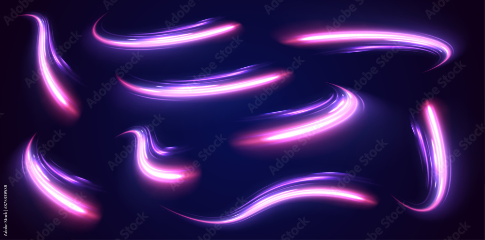 Poster big set neon line as speed or arc, turn, twist, bend in light effect. futuristic dynamic motion tech