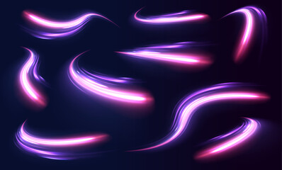 Lines in the shape of a comet against a dark background. Vortex streams of neon light. Big set of light neon lines in the form of swirl and spirals. 