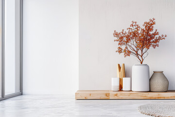 Minimalist property interiors mixing plain and beige colors with copy space. Real Estate stylish composition with minimal furniture.