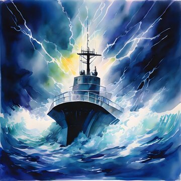 Submarine diving into the abyss surrounded by volatile sto cly