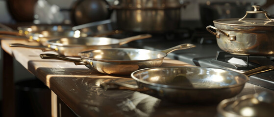 An assortment of shiny copper pans on a wooden countertop in a sunlit kitchen, showcasing a blend of rustic elegance and functionality.