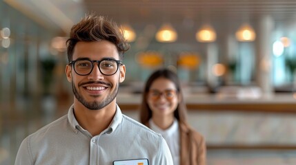 A financial officer presenting loan and credit services to a young couple in a stylish office, using brochures and a tablet for detailed loan and credit options.