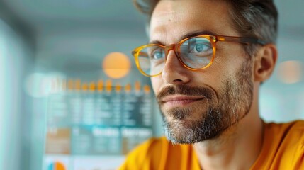 A banking advisor providing credit and deposit service information to a small business owner, with charts, graphs, and brochures in a modern office setting.