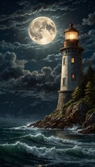 Beacon tower with full moon in the night.