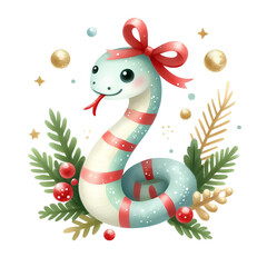 Watercolor painting of snake christmas theme on​​ white background
