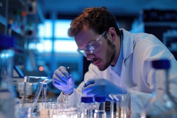 Biotechnology scientist at work in his lab using laboratory tubes and bottles
