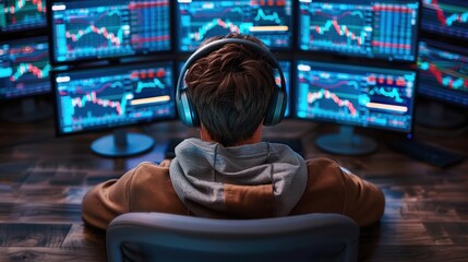 A crypto trader in a high-tech office assessing currency values and forex market trends, with several monitors showing real-time data, digital charts, and trading software.
