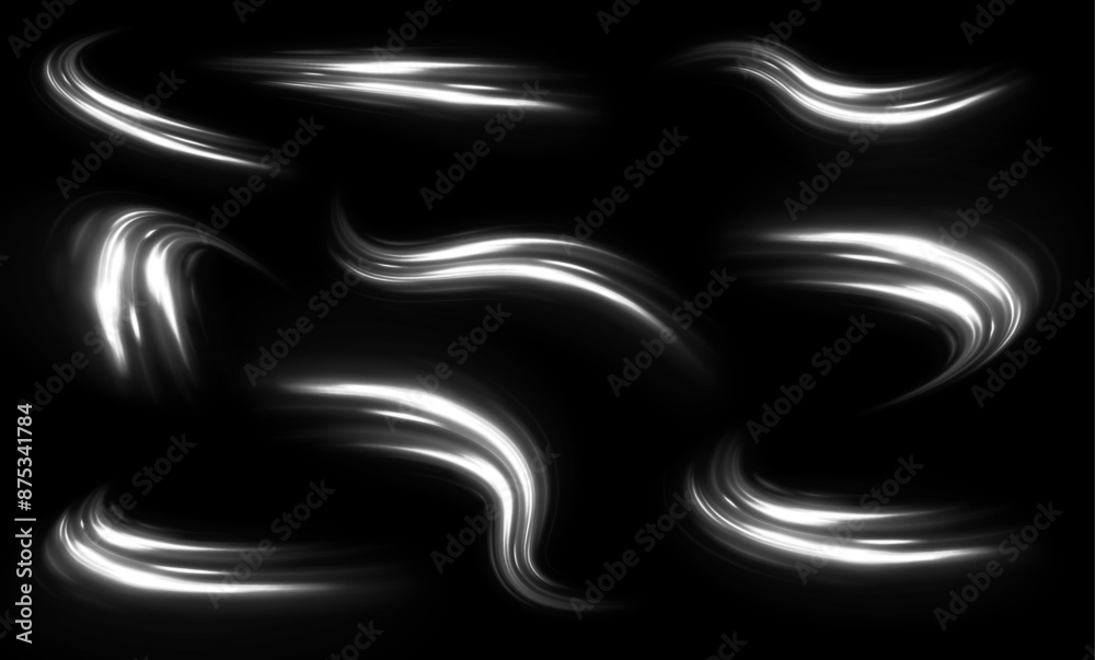 Poster White fast speed trail with sparkles on dark background. Glow and blur motion effect vector illustration set. Transparent dynamic frost air tail streak. Isolated png magic wind swirl design.	
