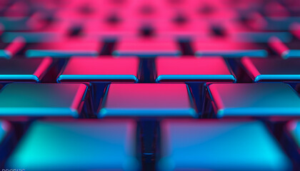 Obraz premium Close-up of a colorful keyboard in neon blue and pink lighting, creating a vibrant and futuristic tech atmosphere. Soft focus for artistic effect.