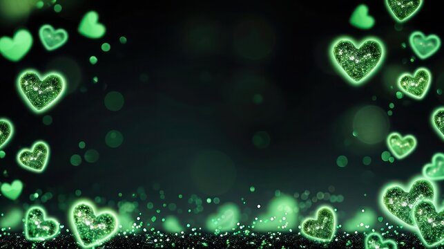 A pattern of small neon green hearts creating a border around the edges of a vertical mobile wallpaper. The center is a solid black bokeh with a fine mist of green glitter, focusing attention 