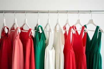 Obraz premium Colorful white, red, and green dresses on hangers