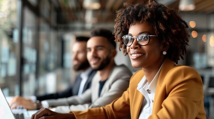 A diverse professional team analyzing financial data on a large screen in a modern office, with bar graphs, pie charts, and financial reports.
