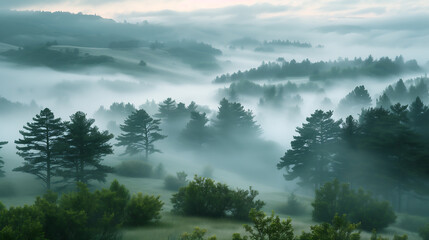 Fototapeta premium Mist Landscape Beautiful scene, forest and mountain, the morning fog at sunrise