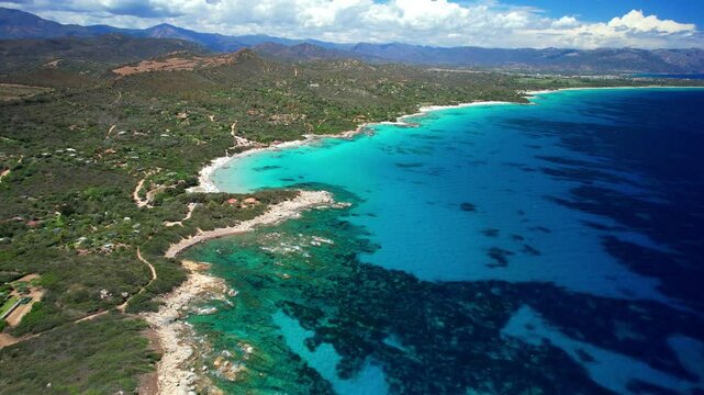 Italy . Most scenic beaches of Sardinia island (Sardegna) - beautiful Cea with white sand on the south of Capo Bellavista near Tortoli. aerial drone 4k hd video
