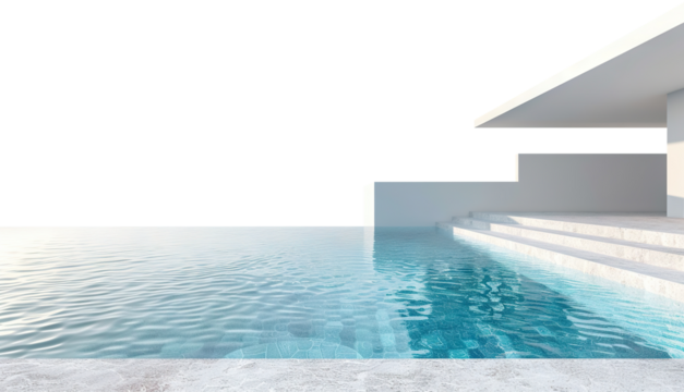 Modern infinity pool with white concrete steps and minimalist architecture, cut out