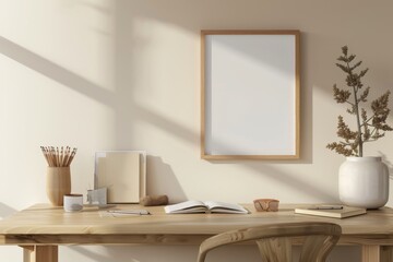 A simple wooden picture frame mockup hanging on the wall of an office, placed above a desk with stationery and open books