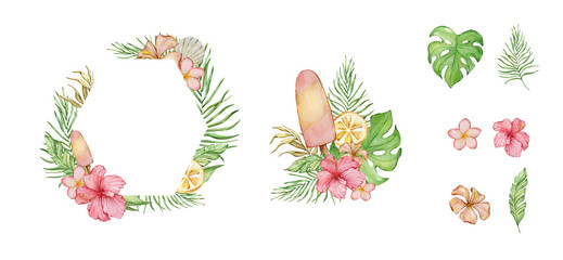 Watercolor tropical holiday set, frame with flowers and leaves