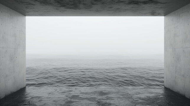 Fototapeta foggy morning at the sea, you can see the ocean trough a big window in an abandoned room