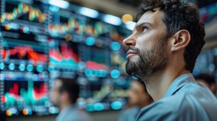 A team of traders evaluating forex and commodities market data in a modern trading room, discussing options strategies using large screens to display real-time graphs and financial news.