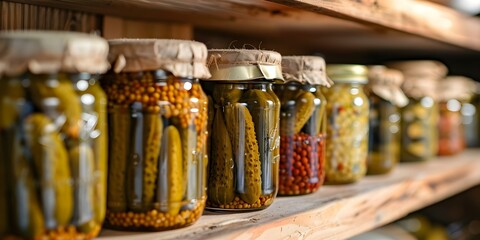 Pickles jar label with food additives theme in close-up on pantry shelf. Concept Food Photography, Close-Up Shots, Pantry Organization, Pickles Label Design