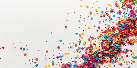 Bright and colorful confetti scattered on a white background.