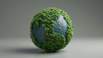 Globe with green energy icons in a 3D render, representing climate change and environmental sustainability, isolated on gray background.