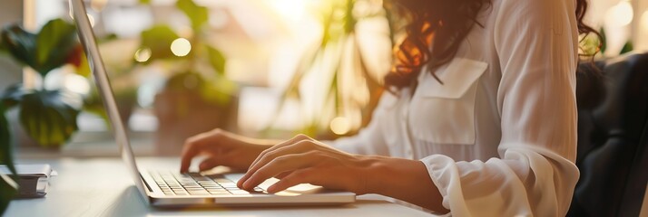 A woman in a white blouse typing on a laptop at a desk, a close-up of hands and the computer screen