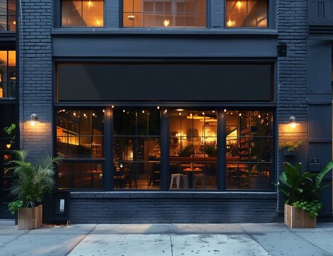 Photograph of black modern restaurant facade with large windows in new york city at night, with plants and warm lighting inside, front view
