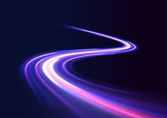 Trendy geometric neon collage for speed movement. Acceleration speed motion on night road. Light and stripes moving fast over dark background.	