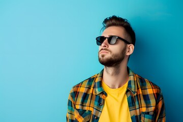 Obraz premium Young Man Wearing Sunglasses and Plaid Shirt Against a Blue Background. Generative AI