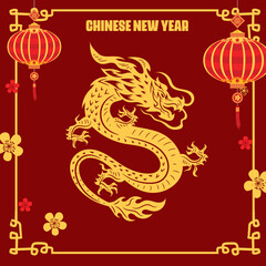 Happy Chinese new year 2024 the dragon zodiac sign with fireworks over city on color background