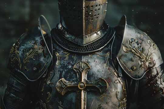 A knight in full armor with a cross on his chest
