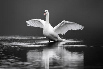 black and white photo of a swan with wings spread, standing on water, reflection in the style of digital minimalism