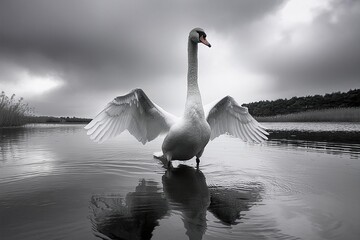 black and white photo of a swan with wings spread, standing on water, reflection in the style of digital minimalism