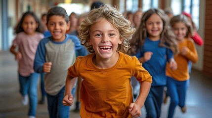 Colorful School Days: Diverse Kids Running in Sun-Drenched Corridor