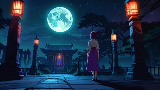An anime girl explores the grounds of an ancient temple at night. The stone lanterns are lit, and the moonlight casts an ethereal glow on the temple's architecture, 4K Lofi Anime, manga purple colors
