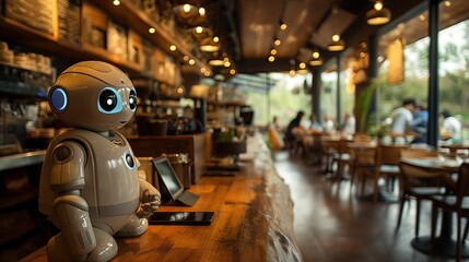 Obraz premium Robot in coffee shop,vintage style,selective focus