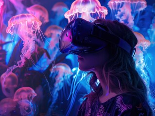 Obraz premium A female is in a virtual fantasy world with glowing jellyfish when wearing VR headset.