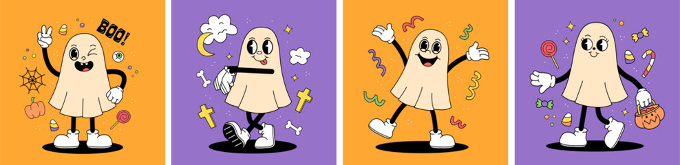 Set of Halloween posters or greeting card with ghosts in a cartoon retro groovy style. Halloween greeting cards collection. Vector illustration.