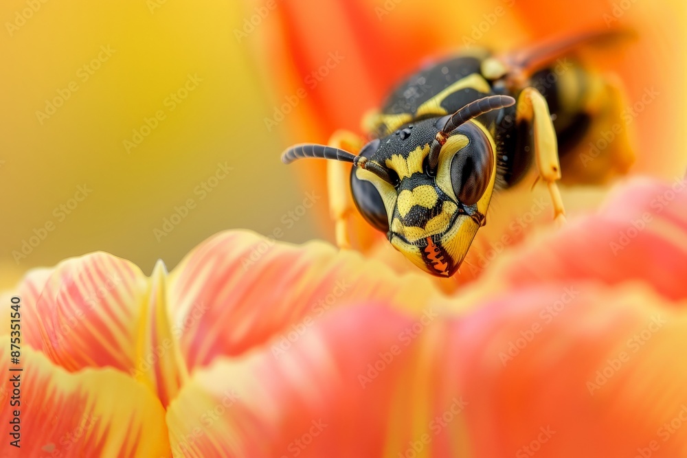 Poster This close-up photo captures the detailed view of a wasp perching on a vividly colored flower, showing intricate and clear details of both the insect and the petals.
