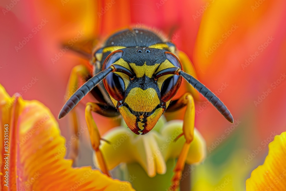 Aufkleber a macro close-up image captures a wasp perched on a vividly colorful flower, showcasing the intricat
