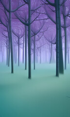 Obraz premium Surreal painting of a forest with tall, thin trees reflected in calm water, in soft pastel colors, creating a dreamy and tranquil atmosphere, Generative AI.