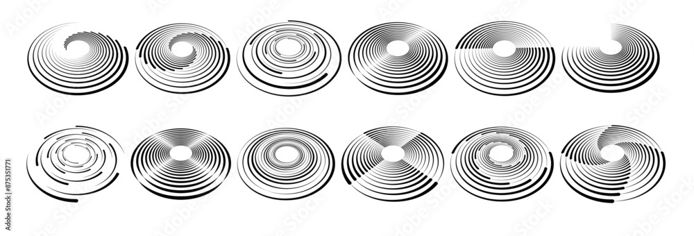 Aufkleber Dot circle pattern. Concentric vortex circles, circular ripple lines design. PNG. Dynamic abstract black spiral. White round dotted frames set isolated on black background.	
